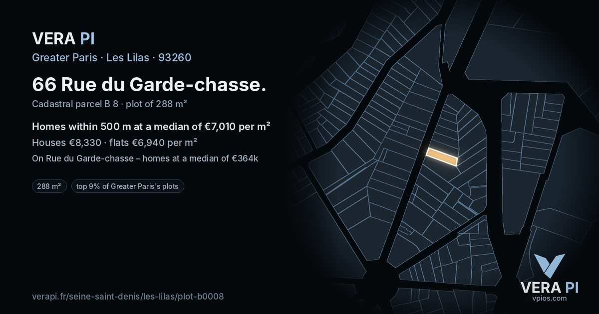 66 Rue du Garde-chasse, Les Lilas at night – the plot lit, the parcels around coloured by the prices near them