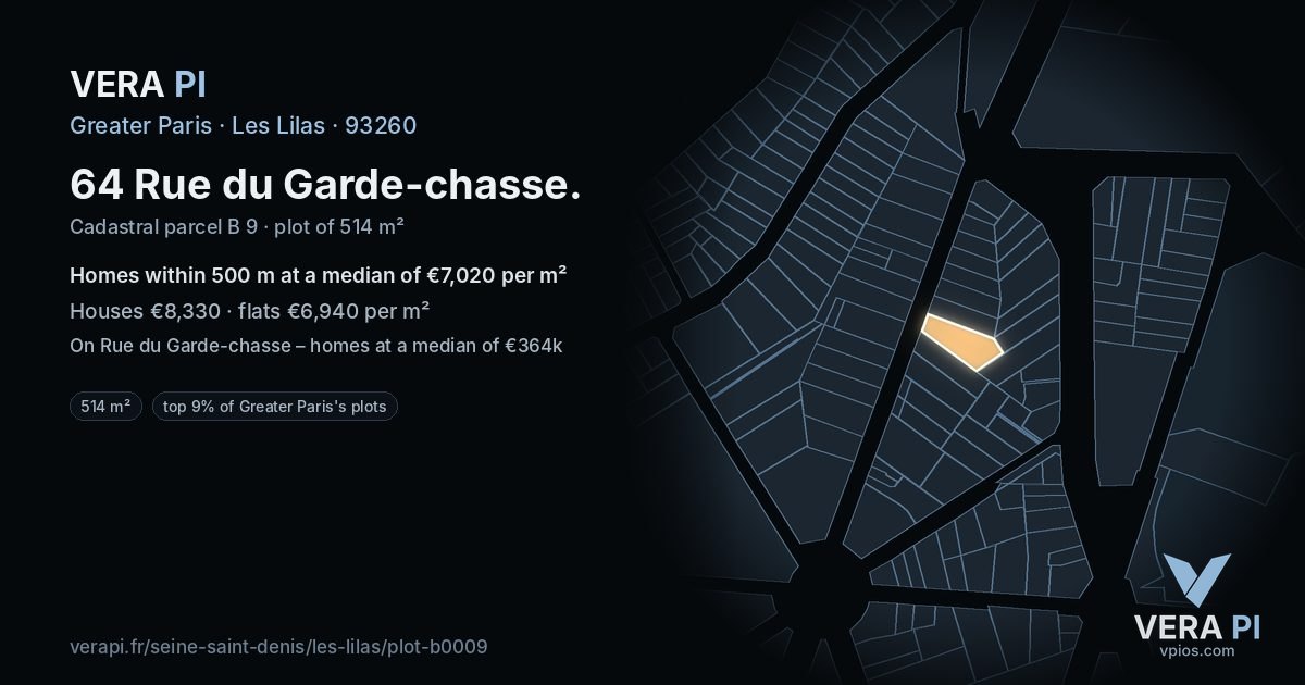 64 Rue du Garde-chasse, Les Lilas at night – the plot lit, the parcels around coloured by the prices near them