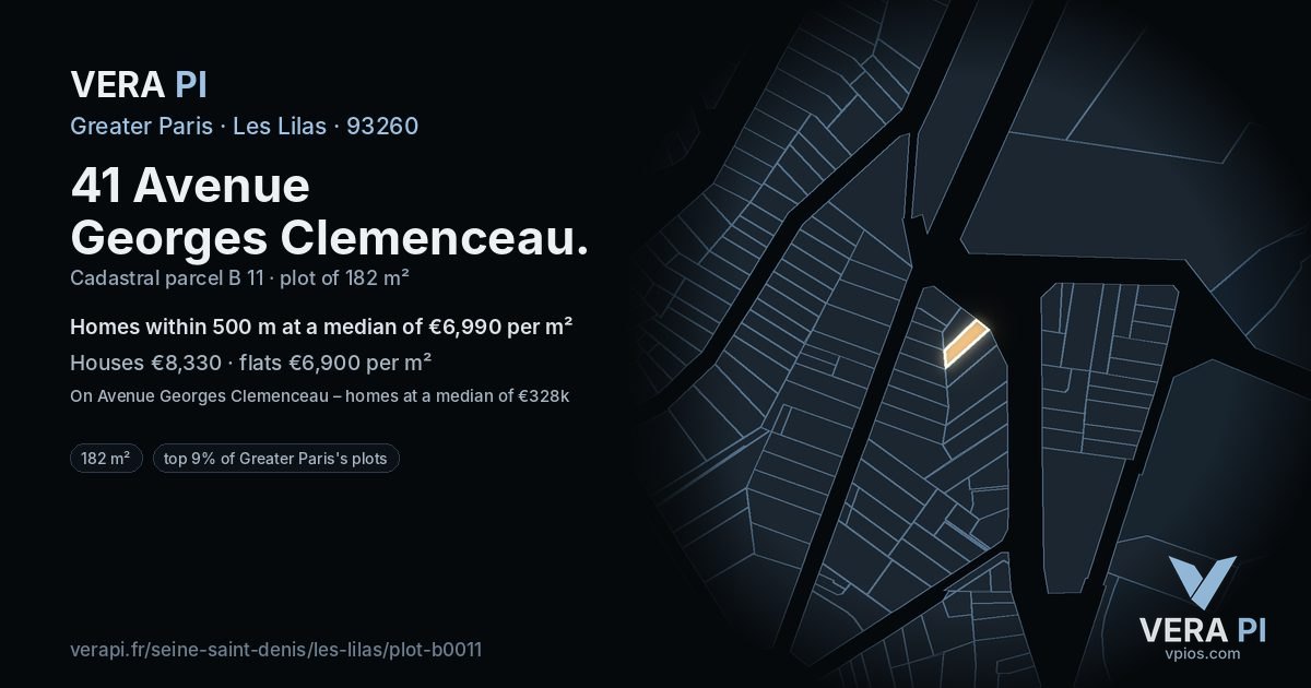 41 Avenue Georges Clemenceau, Les Lilas at night – the plot lit, the parcels around coloured by the prices near them
