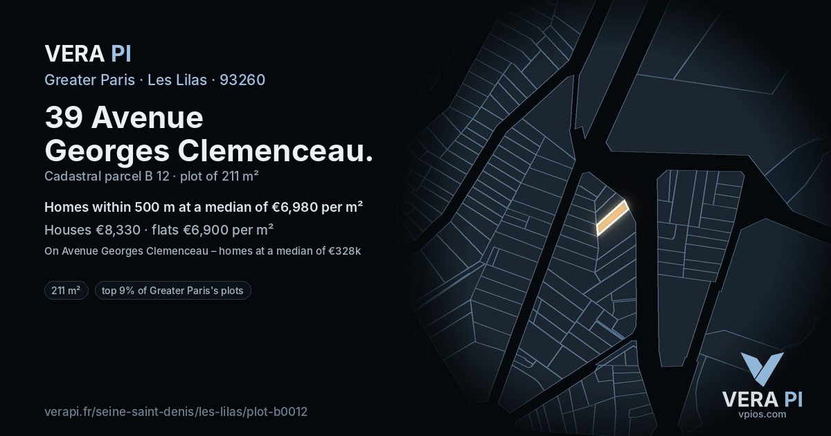 39 Avenue Georges Clemenceau, Les Lilas at night – the plot lit, the parcels around coloured by the prices near them