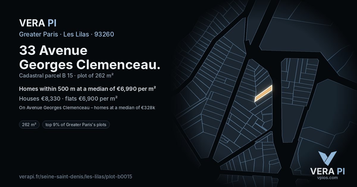 33 Avenue Georges Clemenceau, Les Lilas at night – the plot lit, the parcels around coloured by the prices near them