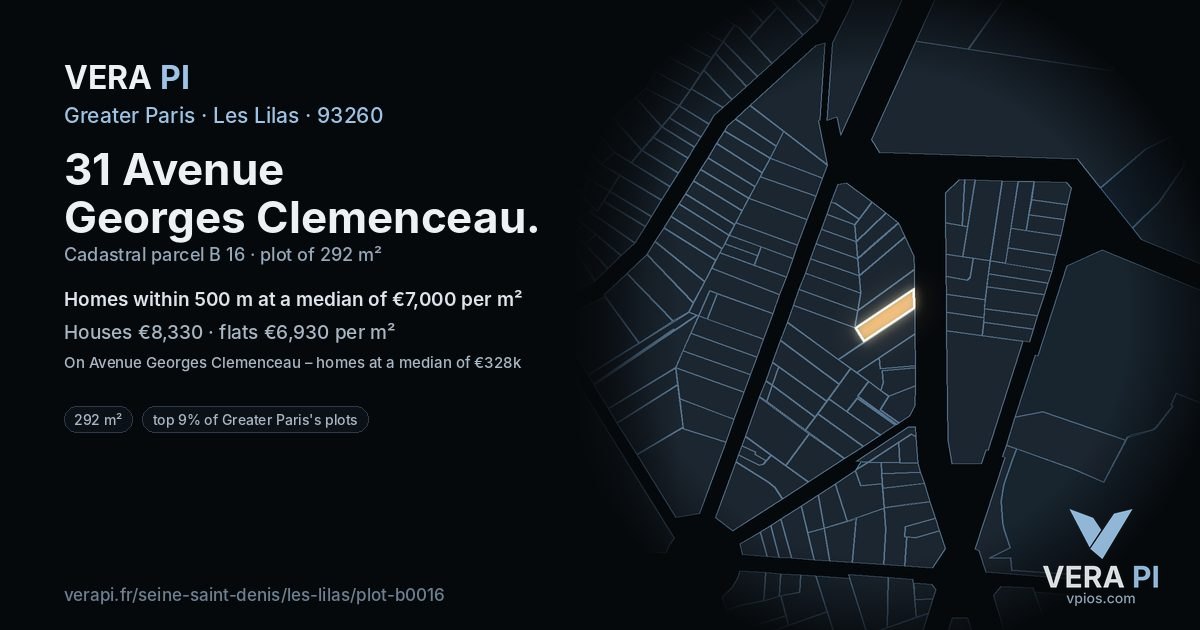 31 Avenue Georges Clemenceau, Les Lilas at night – the plot lit, the parcels around coloured by the prices near them