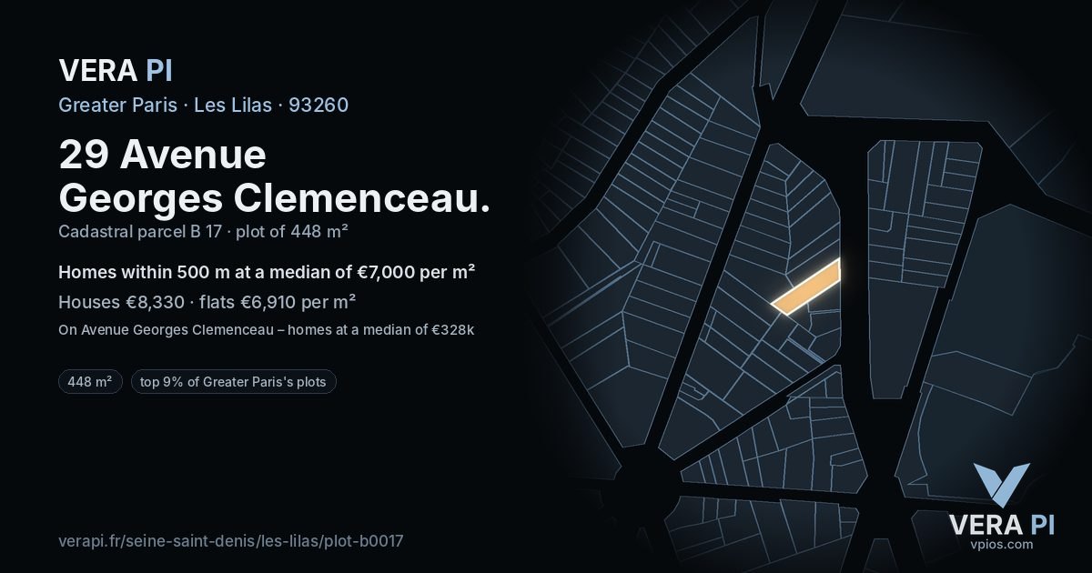 29 Avenue Georges Clemenceau, Les Lilas at night – the plot lit, the parcels around coloured by the prices near them