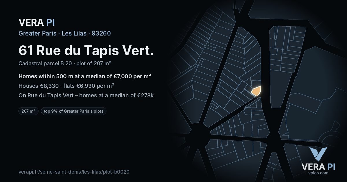 61 Rue du Tapis Vert, Les Lilas at night – the plot lit, the parcels around coloured by the prices near them