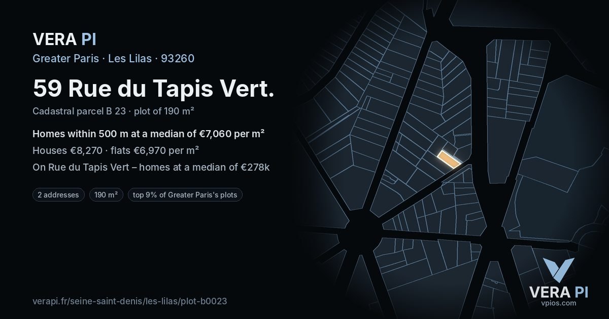 59 Rue du Tapis Vert, Les Lilas at night – the plot lit, the parcels around coloured by the prices near them
