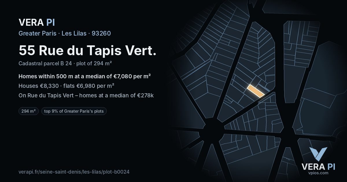 55 Rue du Tapis Vert, Les Lilas at night – the plot lit, the parcels around coloured by the prices near them