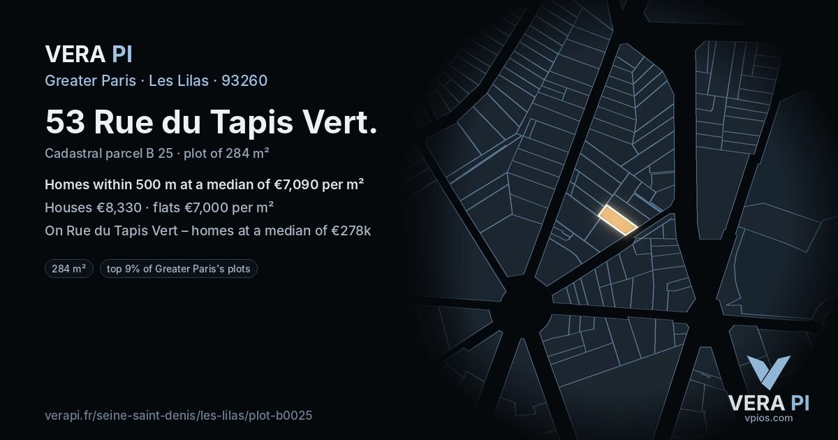 53 Rue du Tapis Vert, Les Lilas at night – the plot lit, the parcels around coloured by the prices near them