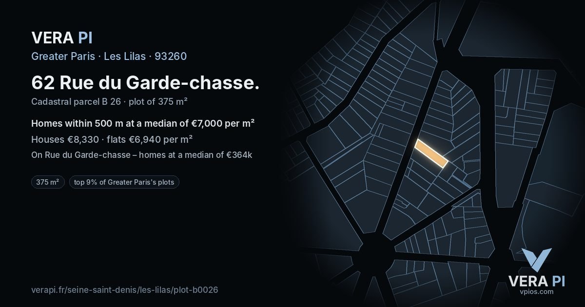 62 Rue du Garde-chasse, Les Lilas at night – the plot lit, the parcels around coloured by the prices near them