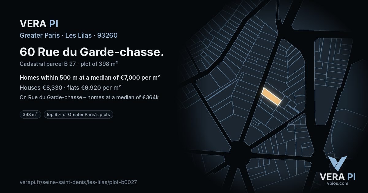 60 Rue du Garde-chasse, Les Lilas at night – the plot lit, the parcels around coloured by the prices near them