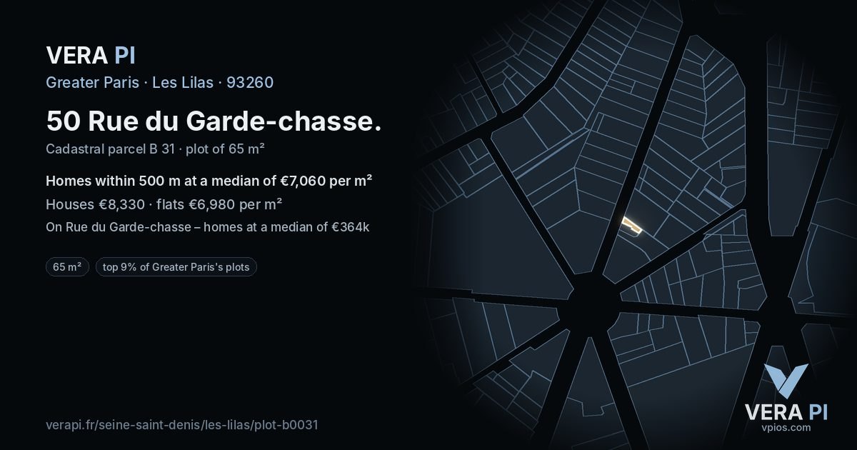 50 Rue du Garde-chasse, Les Lilas at night – the plot lit, the parcels around coloured by the prices near them