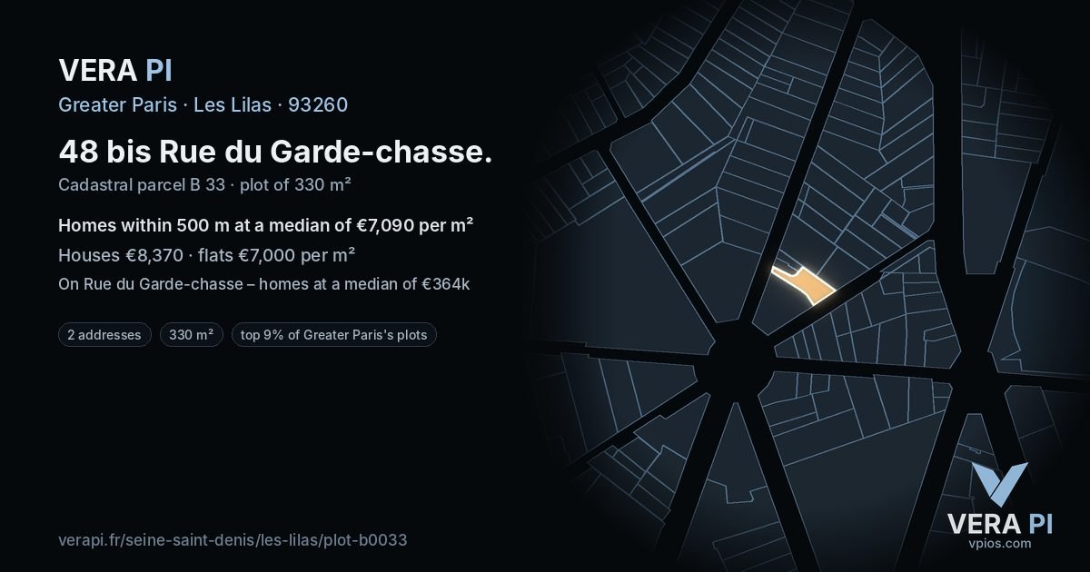48 bis Rue du Garde-chasse, Les Lilas at night – the plot lit, the parcels around coloured by the prices near them