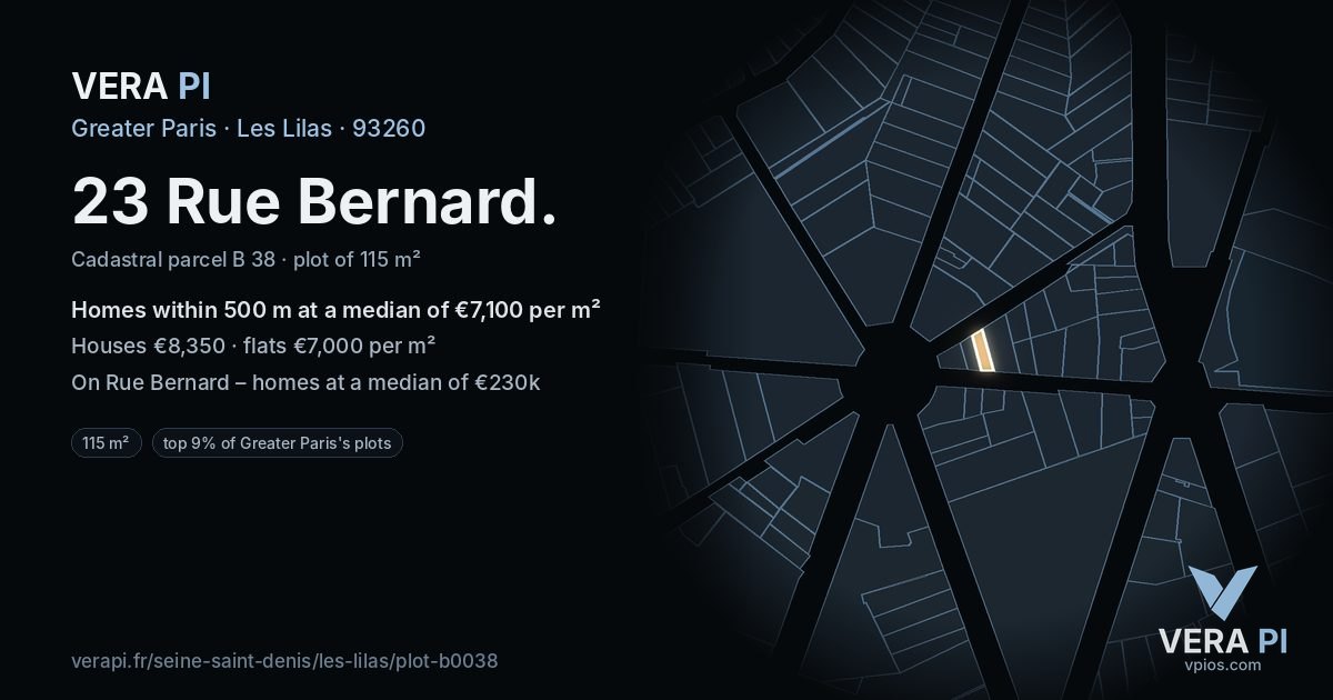 23 Rue Bernard, Les Lilas at night – the plot lit, the parcels around coloured by the prices near them