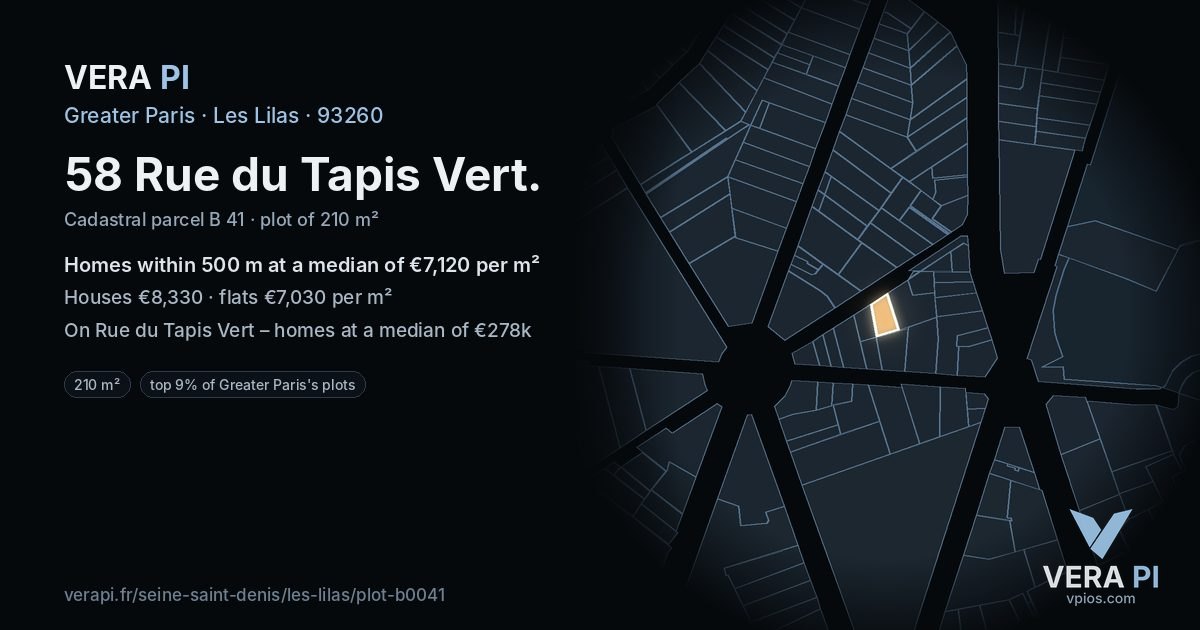 58 Rue du Tapis Vert, Les Lilas at night – the plot lit, the parcels around coloured by the prices near them