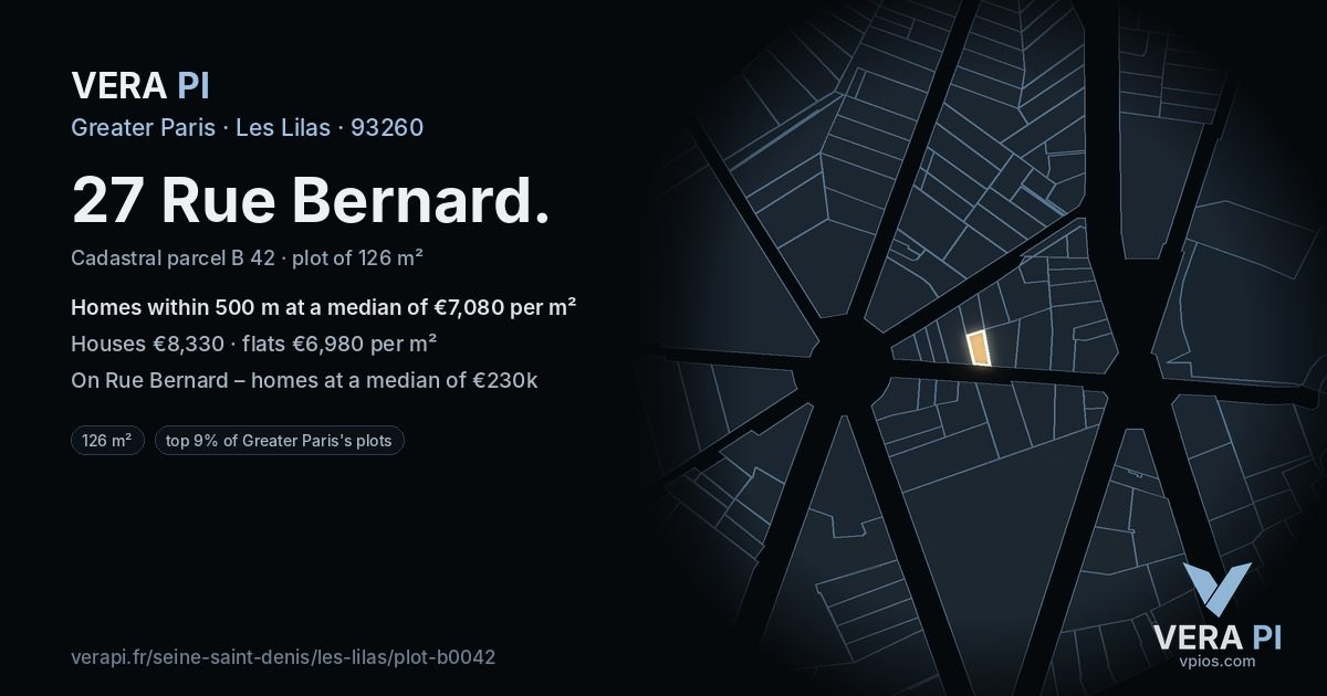 27 Rue Bernard, Les Lilas at night – the plot lit, the parcels around coloured by the prices near them