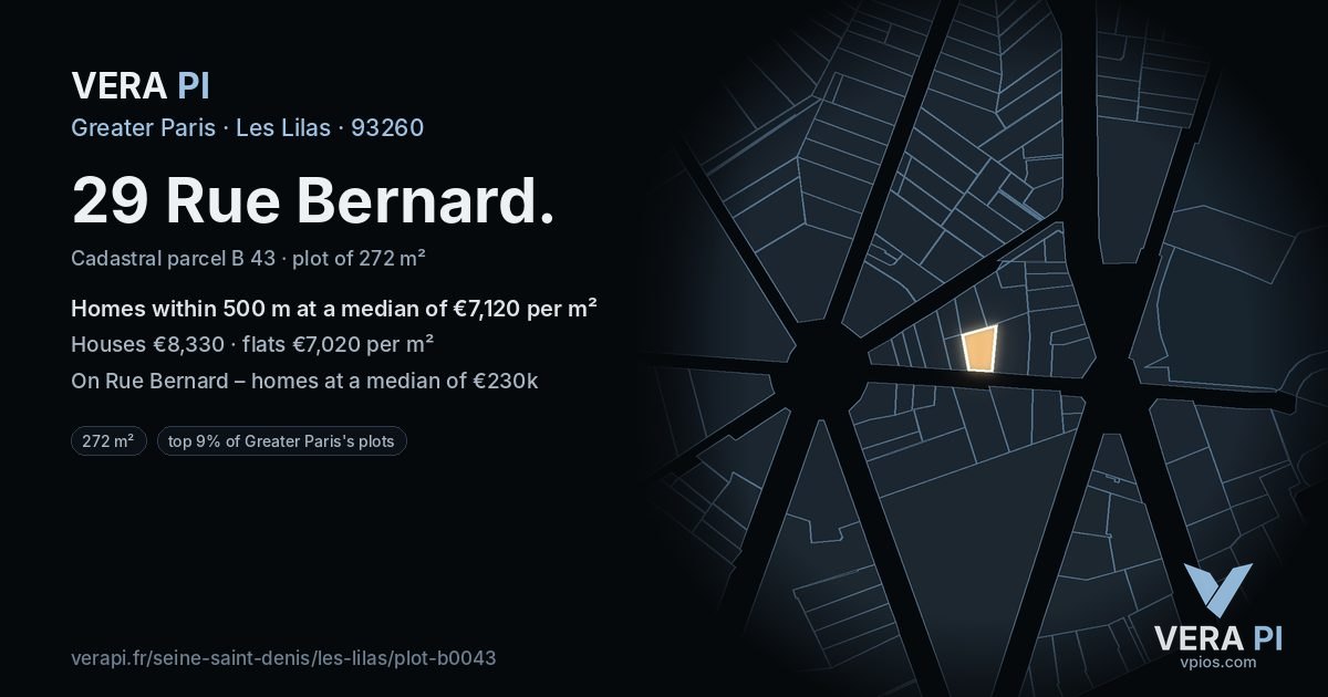 29 Rue Bernard, Les Lilas at night – the plot lit, the parcels around coloured by the prices near them