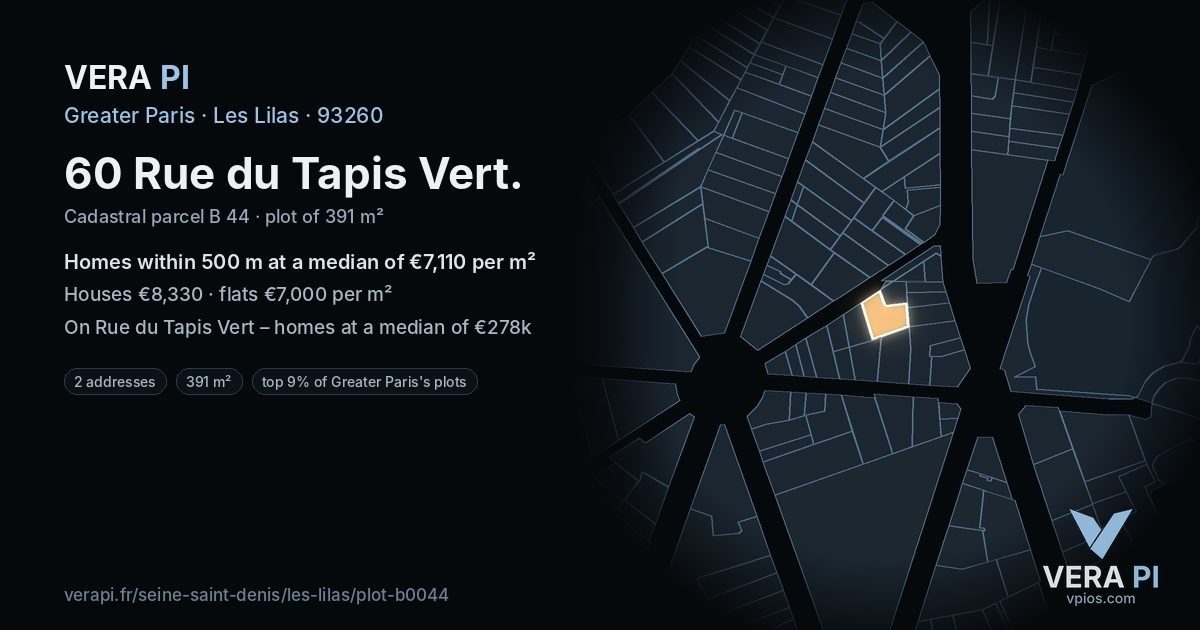 60 Rue du Tapis Vert, Les Lilas at night – the plot lit, the parcels around coloured by the prices near them
