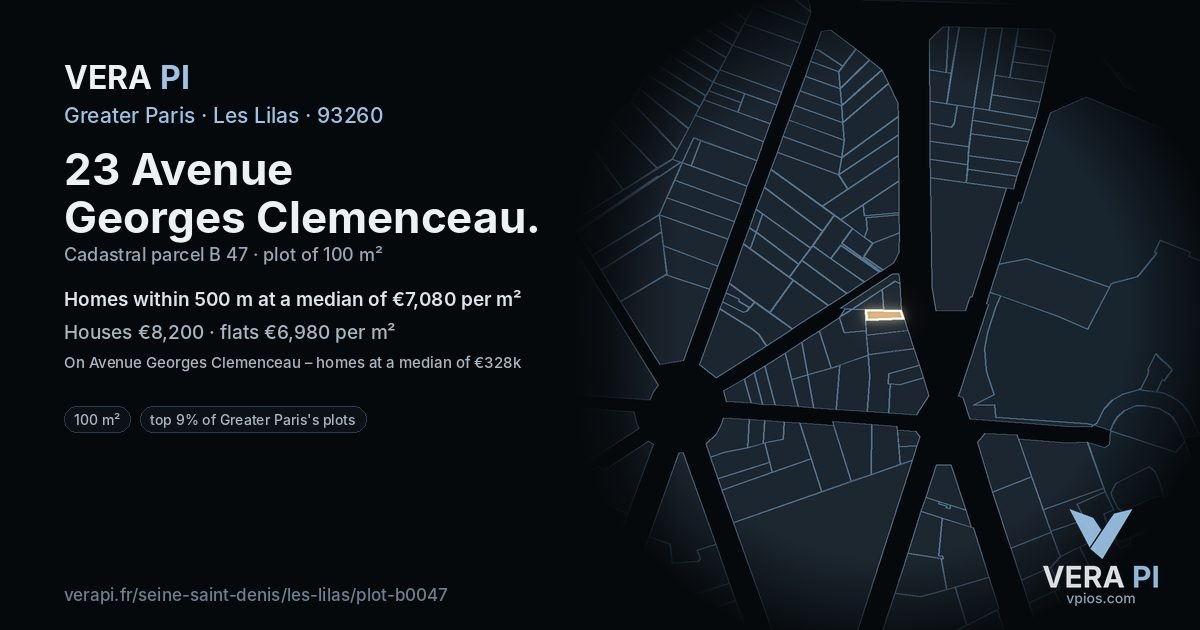 23 Avenue Georges Clemenceau, Les Lilas at night – the plot lit, the parcels around coloured by the prices near them