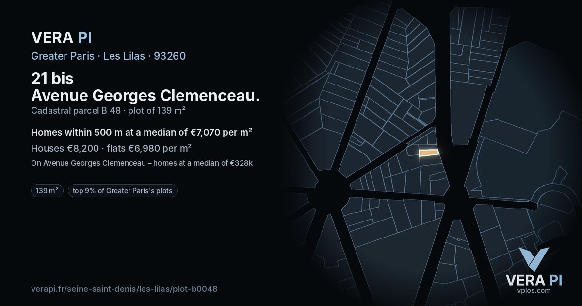 21 bis Avenue Georges Clemenceau, Les Lilas at night – the plot lit, the parcels around coloured by the prices near them