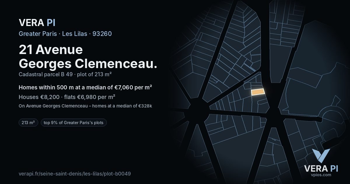 21 Avenue Georges Clemenceau, Les Lilas at night – the plot lit, the parcels around coloured by the prices near them
