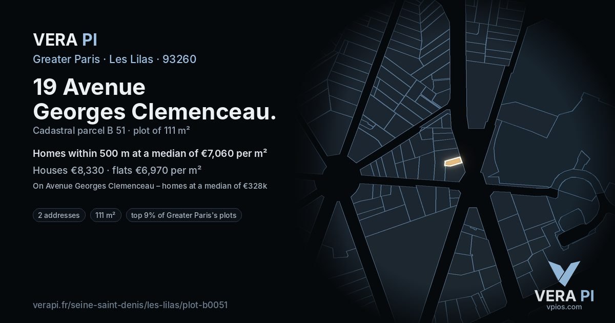 19 Avenue Georges Clemenceau, Les Lilas at night – the plot lit, the parcels around coloured by the prices near them