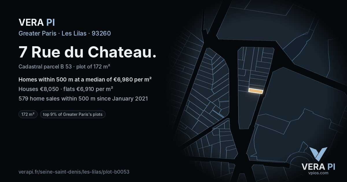 7 Rue du Chateau, Les Lilas at night – the plot lit, the parcels around coloured by the prices near them