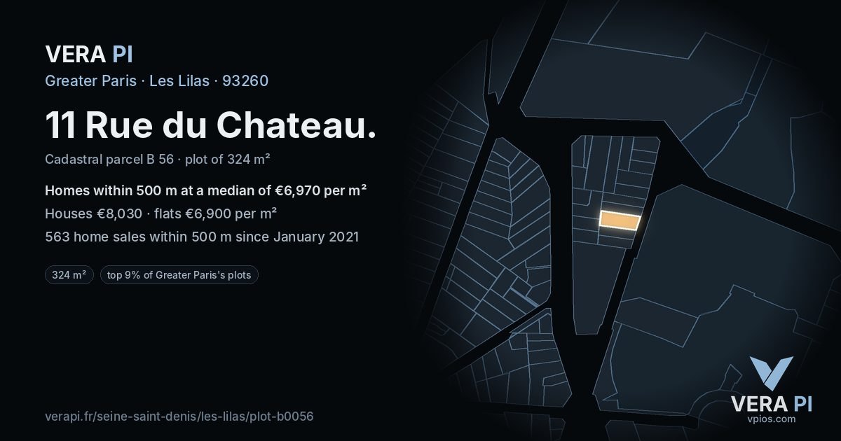 11 Rue du Chateau, Les Lilas at night – the plot lit, the parcels around coloured by the prices near them