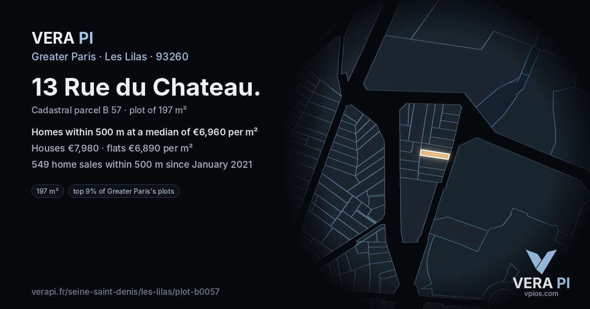 13 Rue du Chateau, Les Lilas at night – the plot lit, the parcels around coloured by the prices near them