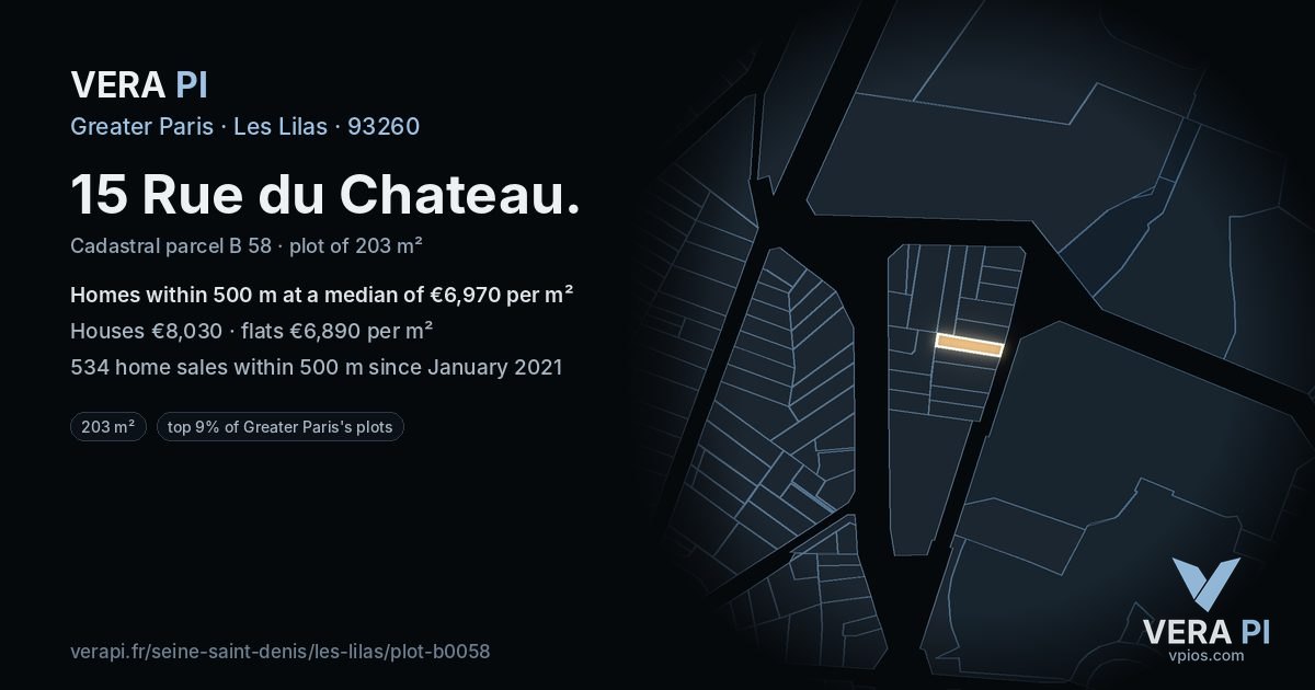 15 Rue du Chateau, Les Lilas at night – the plot lit, the parcels around coloured by the prices near them