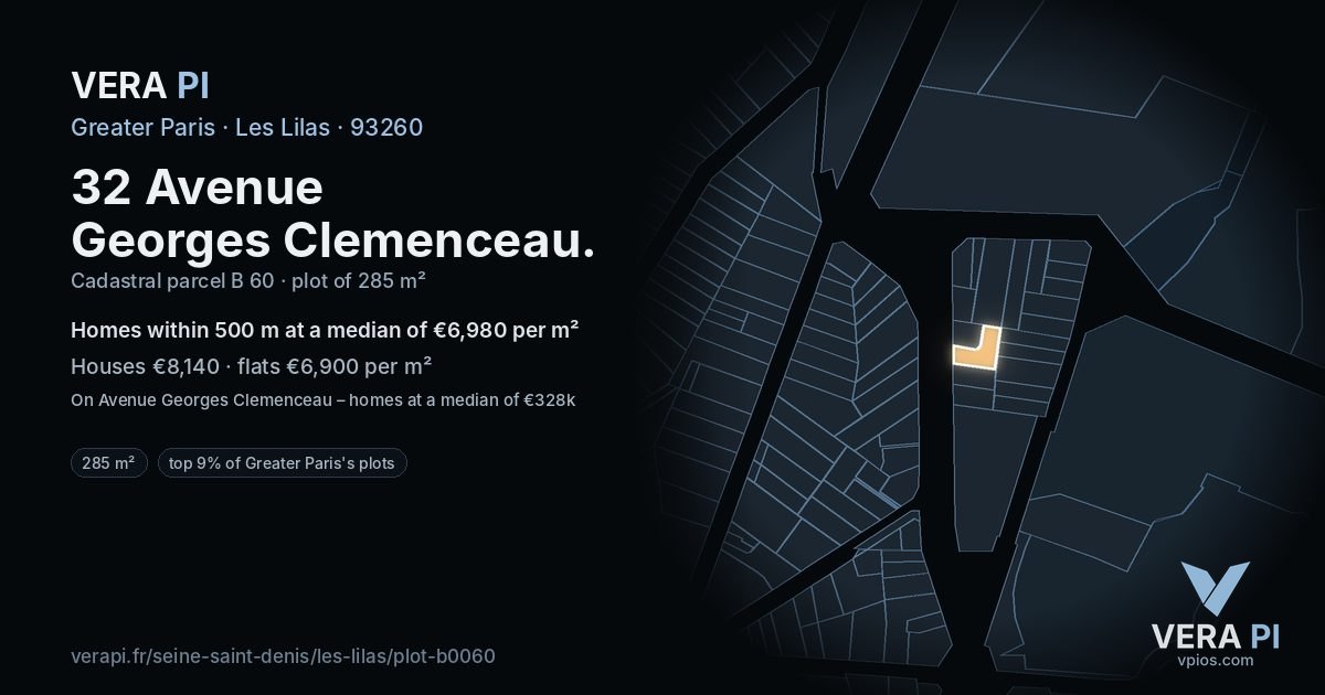 32 Avenue Georges Clemenceau, Les Lilas at night – the plot lit, the parcels around coloured by the prices near them