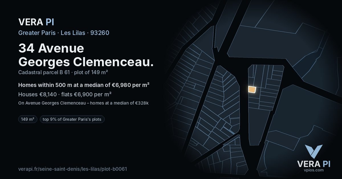34 Avenue Georges Clemenceau, Les Lilas at night – the plot lit, the parcels around coloured by the prices near them