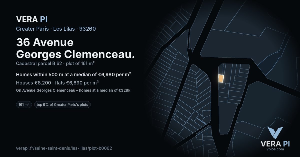 36 Avenue Georges Clemenceau, Les Lilas at night – the plot lit, the parcels around coloured by the prices near them