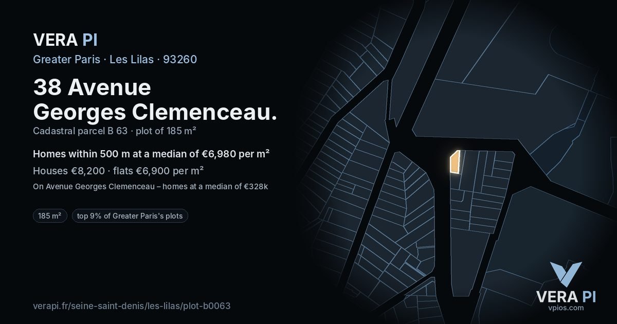 38 Avenue Georges Clemenceau, Les Lilas at night – the plot lit, the parcels around coloured by the prices near them