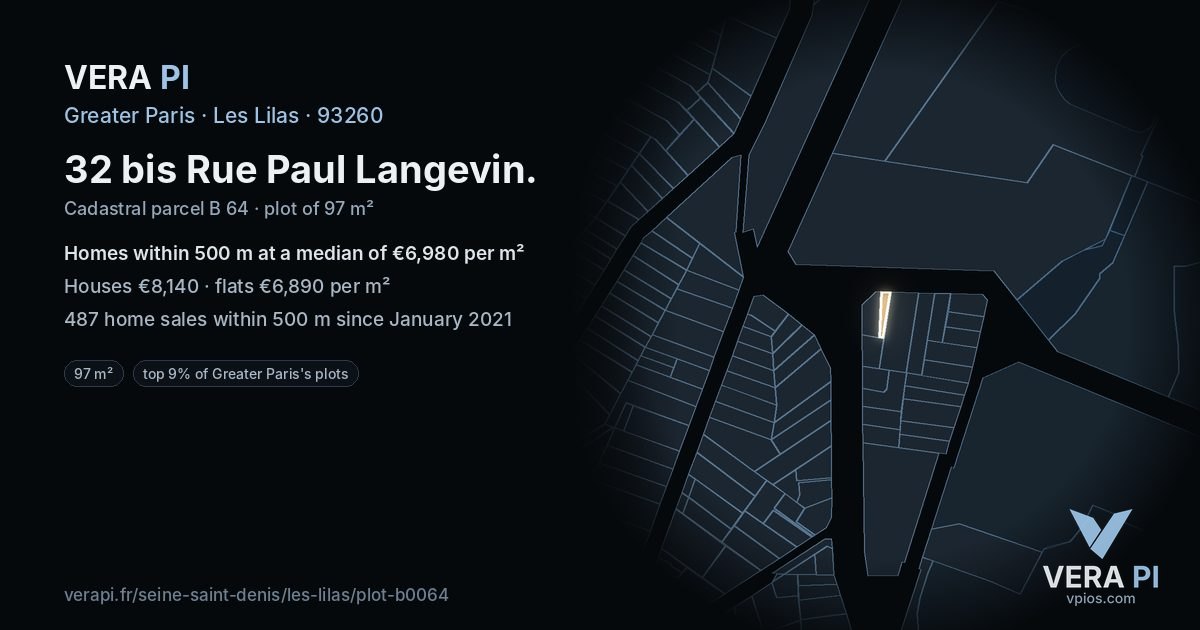 32 bis Rue Paul Langevin, Les Lilas at night – the plot lit, the parcels around coloured by the prices near them
