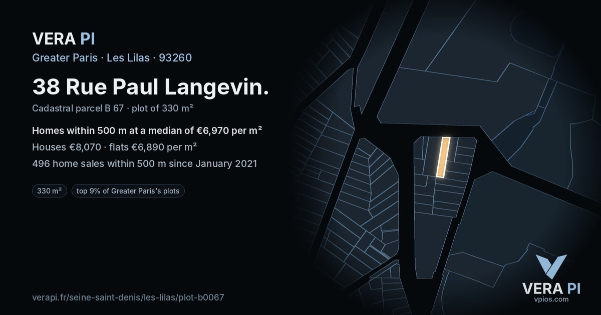38 Rue Paul Langevin, Les Lilas at night – the plot lit, the parcels around coloured by the prices near them
