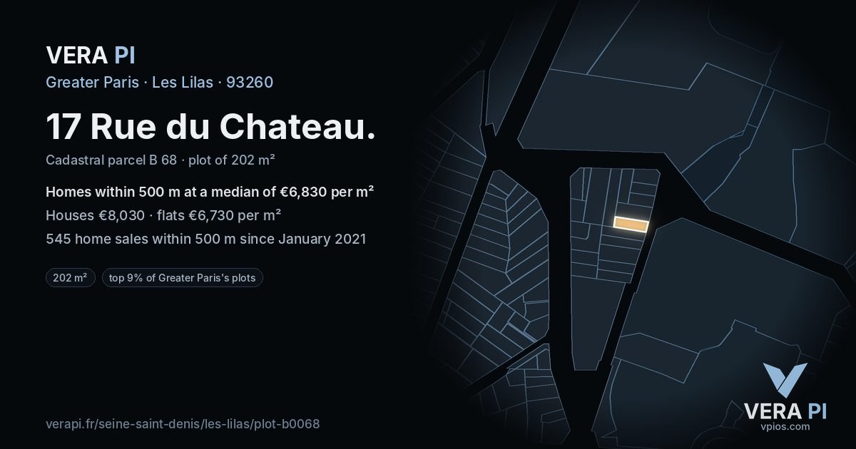 17 Rue du Chateau, Les Lilas at night – the plot lit, the parcels around coloured by the prices near them