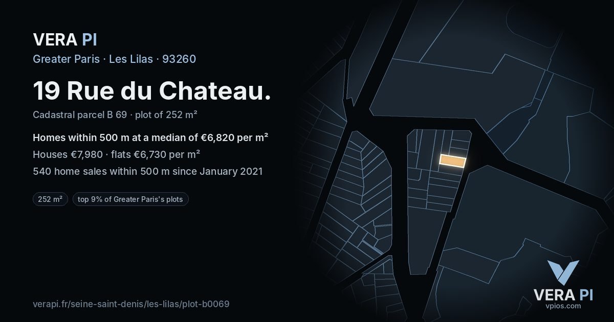 19 Rue du Chateau, Les Lilas at night – the plot lit, the parcels around coloured by the prices near them