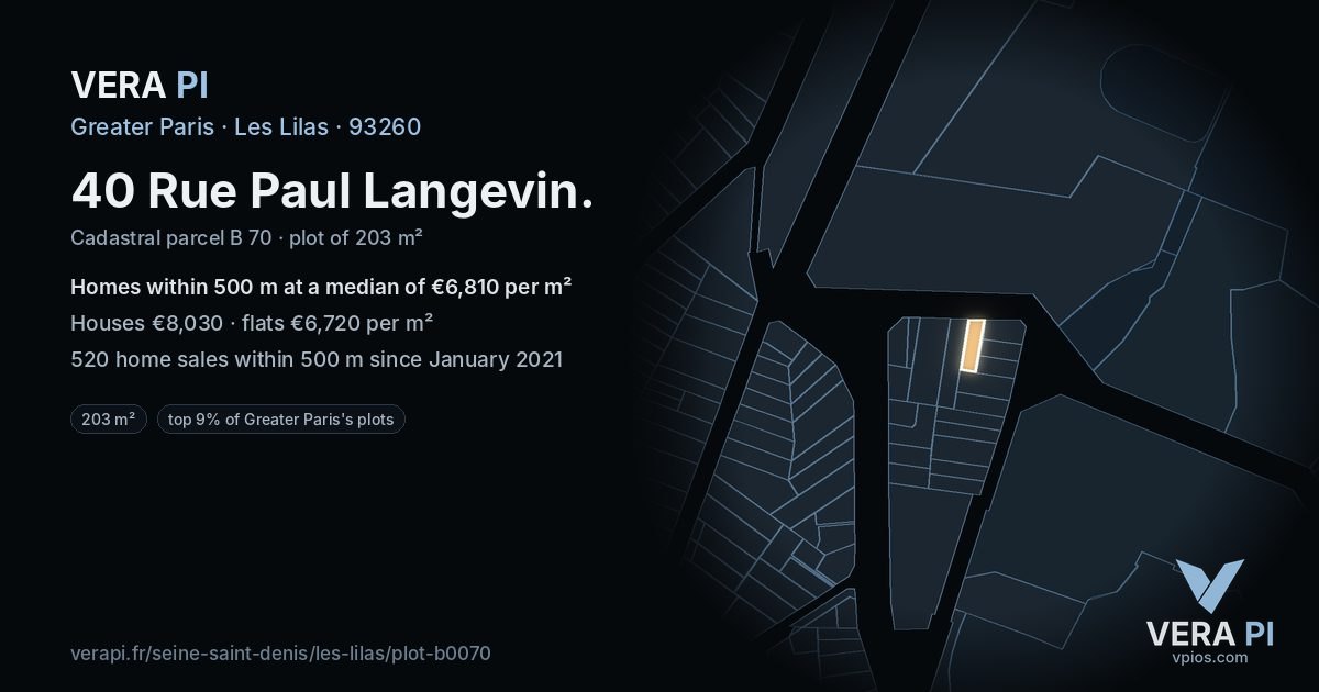 40 Rue Paul Langevin, Les Lilas at night – the plot lit, the parcels around coloured by the prices near them