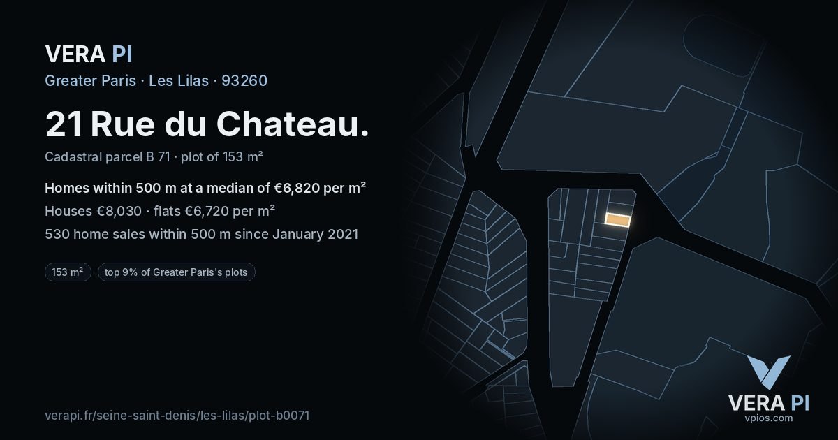 21 Rue du Chateau, Les Lilas at night – the plot lit, the parcels around coloured by the prices near them