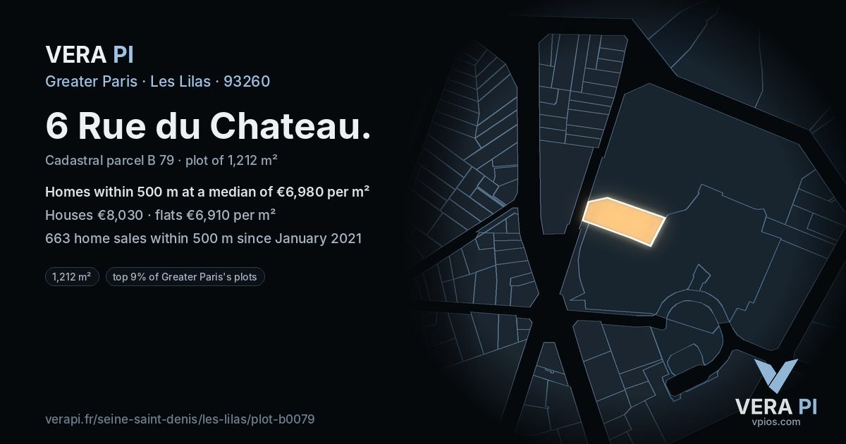 6 Rue du Chateau, Les Lilas at night – the plot lit, the parcels around coloured by the prices near them