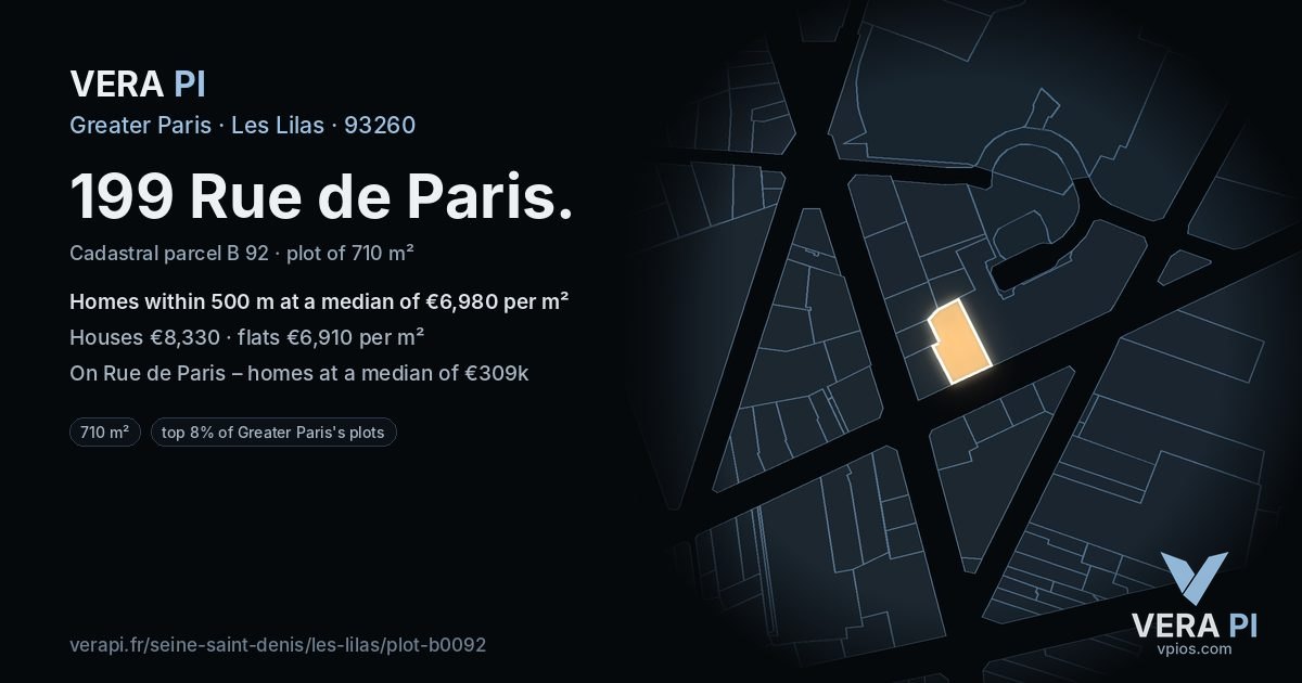 199 Rue de Paris, Les Lilas at night – the plot lit, the parcels around coloured by the prices near them