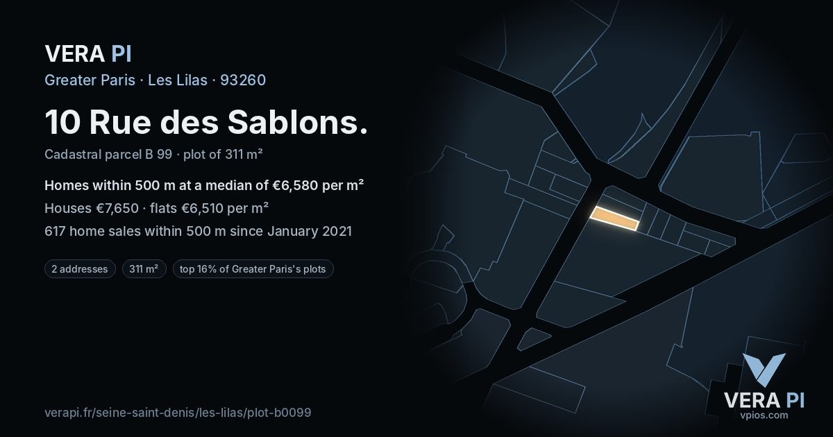 10 Rue des Sablons, Les Lilas at night – the plot lit, the parcels around coloured by the prices near them