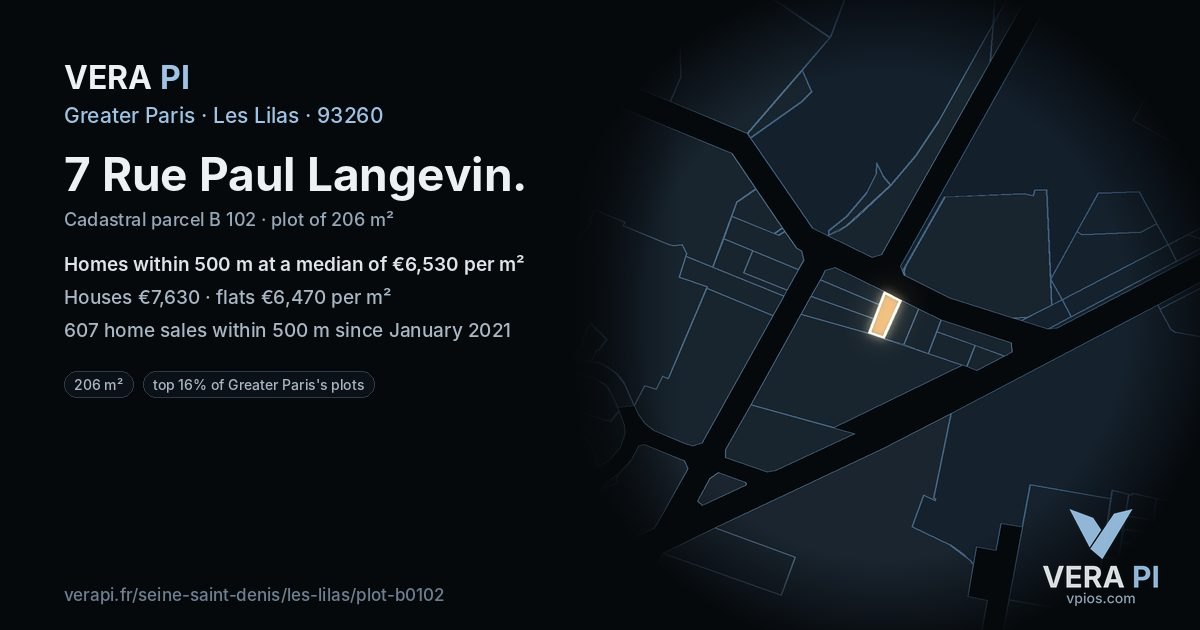 7 Rue Paul Langevin, Les Lilas at night – the plot lit, the parcels around coloured by the prices near them