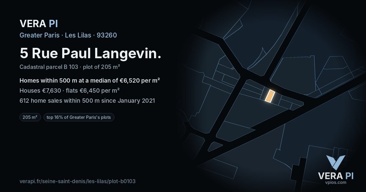 5 Rue Paul Langevin, Les Lilas at night – the plot lit, the parcels around coloured by the prices near them