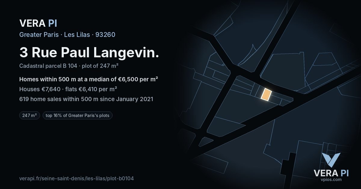 3 Rue Paul Langevin, Les Lilas at night – the plot lit, the parcels around coloured by the prices near them