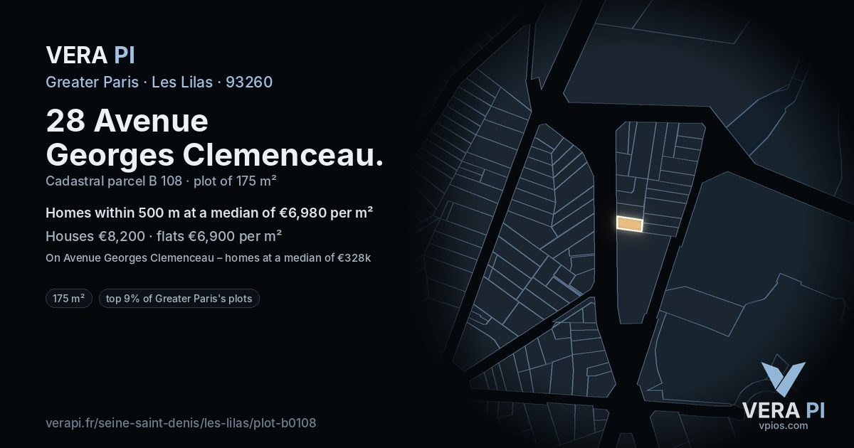 28 Avenue Georges Clemenceau, Les Lilas at night – the plot lit, the parcels around coloured by the prices near them