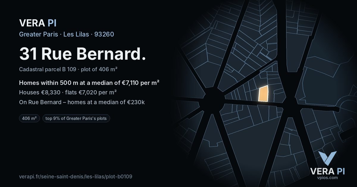 31 Rue Bernard, Les Lilas at night – the plot lit, the parcels around coloured by the prices near them