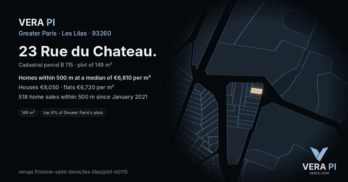 23 Rue du Chateau, Les Lilas at night – the plot lit, the parcels around coloured by the prices near them