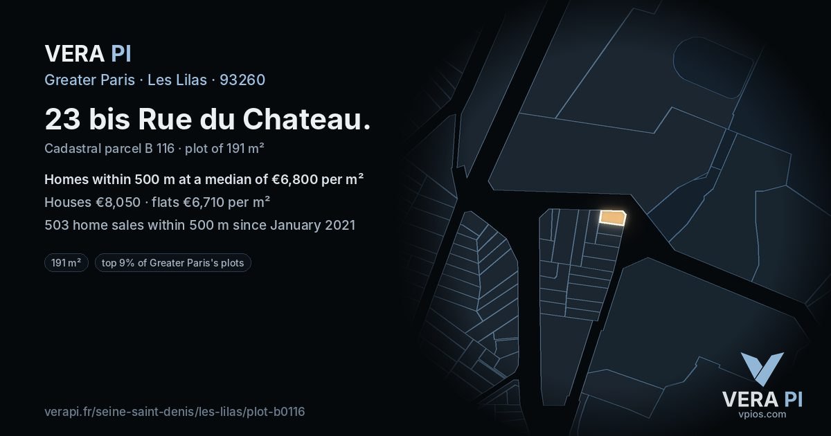 23 bis Rue du Chateau, Les Lilas at night – the plot lit, the parcels around coloured by the prices near them
