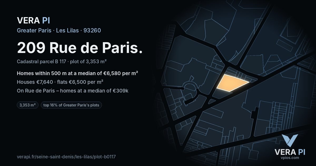 209 Rue de Paris, Les Lilas at night – the plot lit, the parcels around coloured by the prices near them