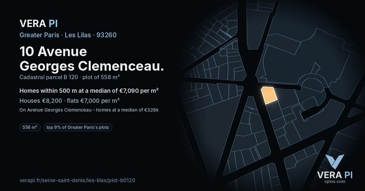 10 Avenue Georges Clemenceau, Les Lilas at night – the plot lit, the parcels around coloured by the prices near them